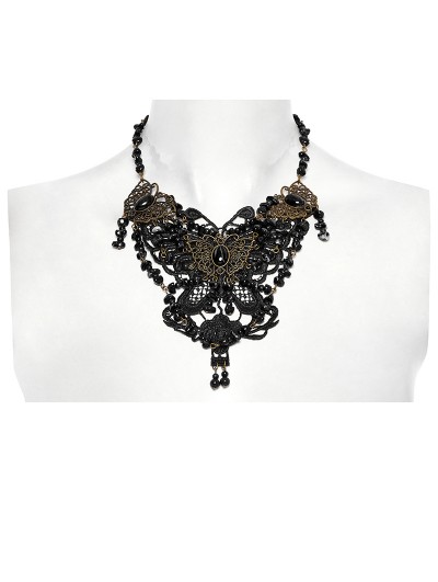 Punk Rave Black Gothic Steampunk Beaded Lace Butterfly Necklace