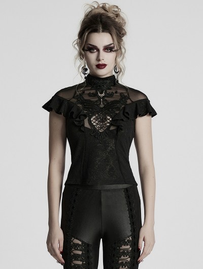Punk Rave Black Sexy Gothic Rose Patterned Lace Applique Top for Women