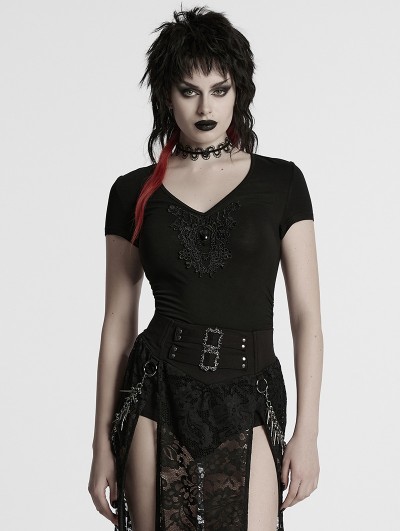 Punk Rave Black Gothic V-Neck Lace Applique Short Sleeve T-Shirt for Women