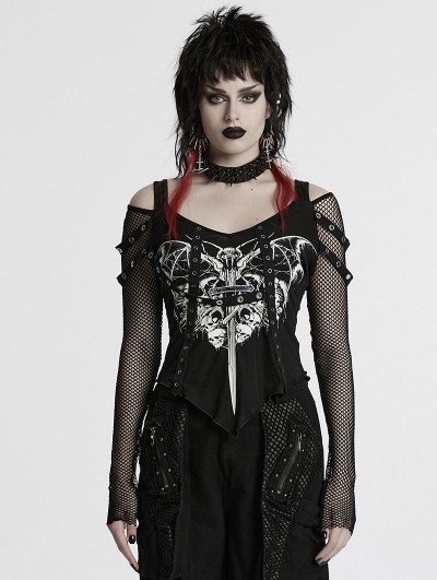 Punk Rave Black Gothic Punk Printed Off-the-Shoulder Long Sleeve T-Shirt for Women