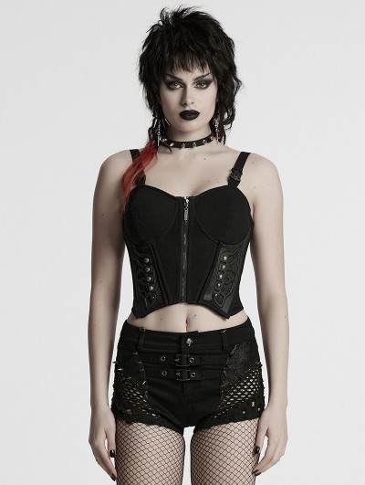 Punk Rave Black Gothic Sexy Cyberpunk Buckle Strap Corset Top for Women
