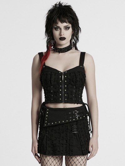 Punk Rave Black Gothic Decadent Punk Studded Denim Vest Top for Women