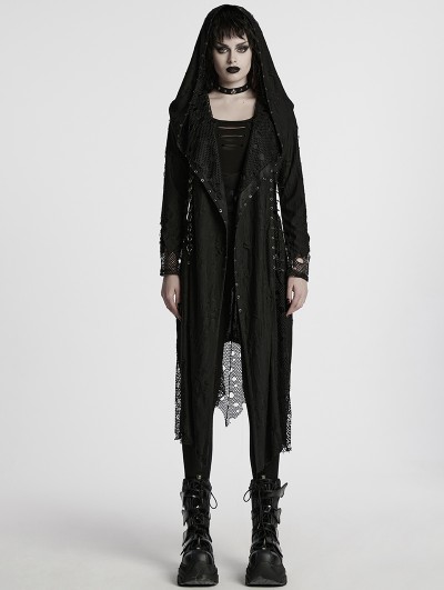 Punk Rave Black Gothic Decadent Asymmetric Knitted Hooded Trench Coat for Women