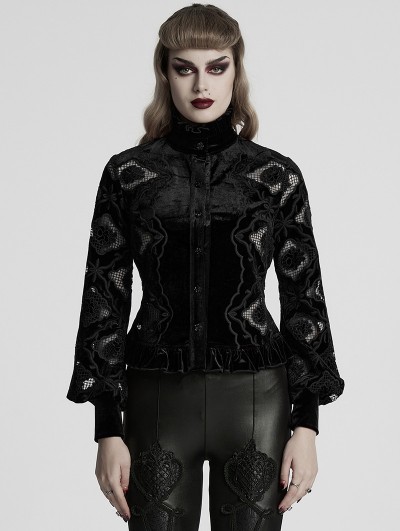 Punk Rave Black Gothic Retro Hollow Embroidered Velvet Long Sleeve Shirt for Women