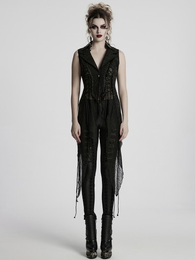 Punk Rave Black Gothic Dark Asymmetric Split Vest for Women