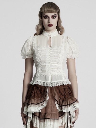Punk Rave White Gothic Gorgeous Flower Pattern Short Sleeve Chiffon Shirt for Women