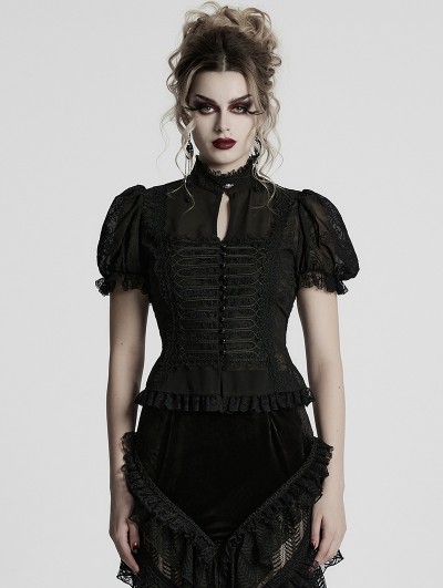 Punk Rave Black Gothic Gorgeous Flower Pattern Short Sleeve Chiffon Shirt for Women