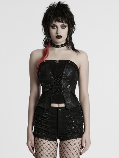 Punk Rave Black Gothic Punk Drawstring Tube Top for Women