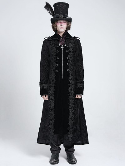 Devil Fashion Black Gothic Vintage Double-Breasted Long  Vlevet Party Coat for Men