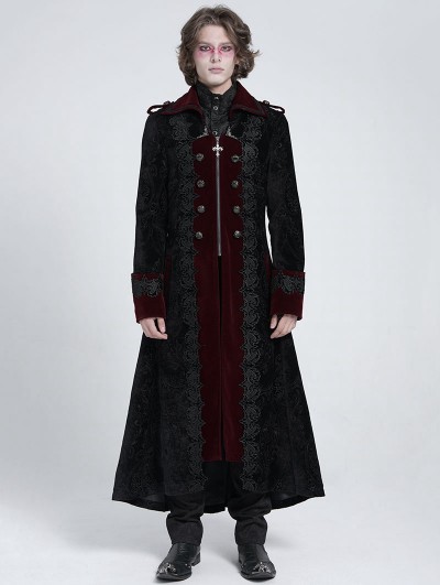 Devil Fashion Black and Red Gothic Vintage Double-Breasted Long Velvet Party Coat for Men