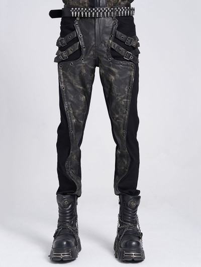 Devil Fashion Black Gothic Punk Buckle Irregular Patched Pants for Men