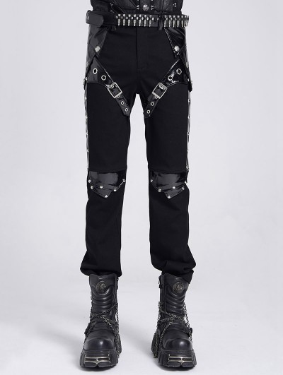 Devil Fashion Black Gothic Punk Studded Faux Leather Splicing Pants for Men