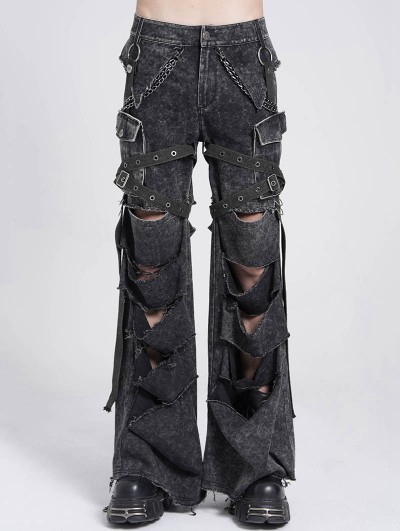 Devil Fashion Gray Gothic Punk Decadent Ripped Baggy Wide Leg Pants for Men