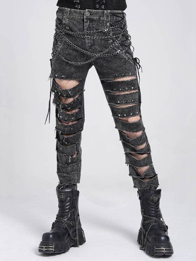 Devil Fashion Gray Gothic Punk Studded Ripped Cross Chain Slim Pants for Men