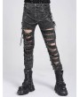 Devil Fashion Gray Gothic Punk Studded Ripped Cross Chain Slim Pants for Men