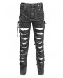 Devil Fashion Gray Gothic Punk Studded Ripped Cross Chain Slim Pants for Men