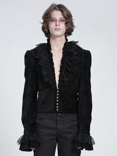 Devil Fashion Black Gothic Vintage Ruffle Trim Deep V-Neck Shirt for Men