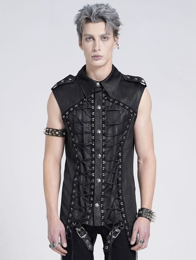Devil Fashion Black Gothic Punk Crossover Lace Up Sleeveless Shirt for Men