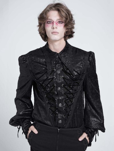 Devil Fashion Black Retro Gothic Embroidery Lace-Up Long Sleeve Shirt for Men