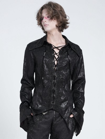 Devil Fashion Black Gothic Retro Embroidery Trim Lace-Up Shirt for Men