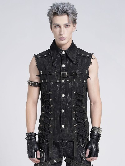 Devil Fashion Black Gothic Punk Studded Distressed Sleeveless Shirt for Men