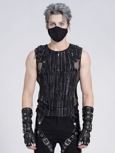 Devil Fashion Black Gothic Punk Striped Mesh Splicing Sleeveless T-Shirt for Men