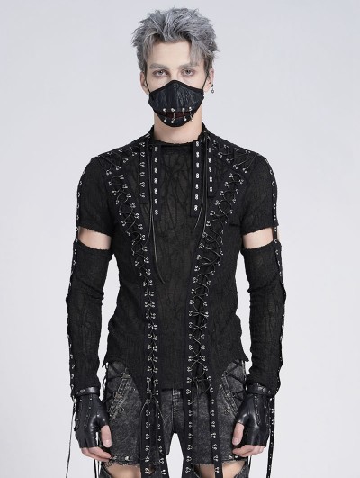 Devil Fashion Black Gothic Punk Irregular Cut-Out Long Sleeve T-Shirt for Men