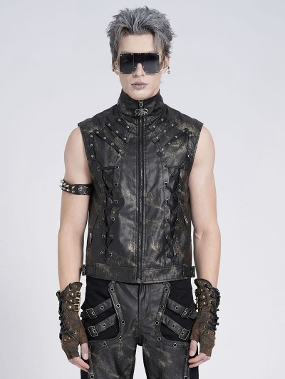 Devil Fashion Black Gothic Punk Studded Stand Collar Waistcoat for Men