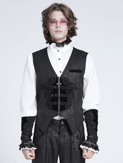 Devil Fashion Black Gothic Vintage Patterned Zip Front Waistcoat for Men