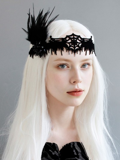 Black Gothic Baroque Spider Web Feather Headdress