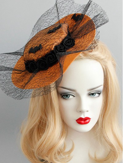 Brown Gothic Bat Rose Mesh Top Hat Headdress