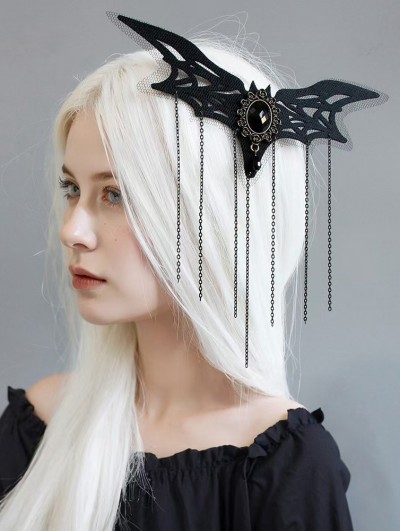Black Gothic Bat Crystal Chain Tassel Hairclip