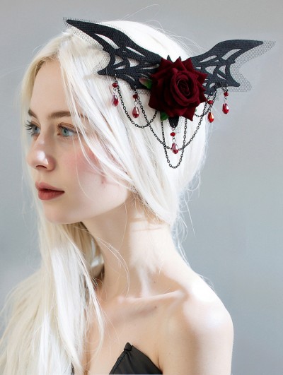 Black Felt Gothic Rose Tassel Bat Headdress