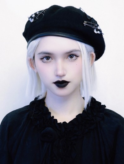 Black Dark Gothic Butterfly Embroidered Beret Hat