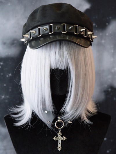 Black Gothic Spiked Rivet Multi-Ring Newsboy Hat