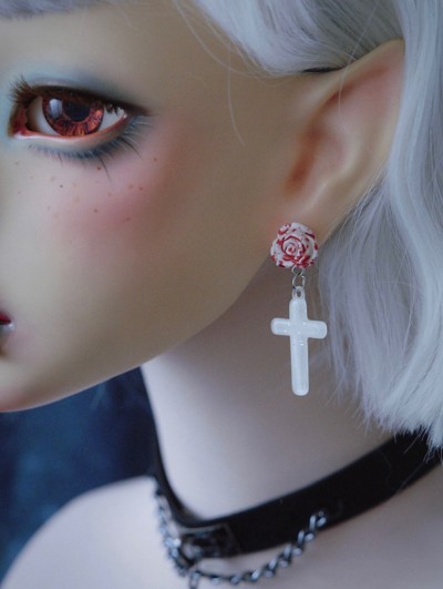 Dark Gothic Blood-Stained White Rose Earrings