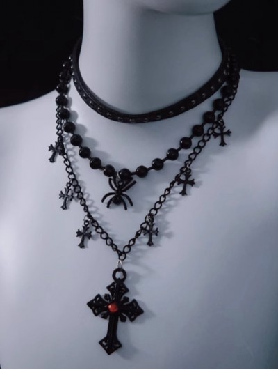 Black Gothic Cross Spider Triple Layered Necklace