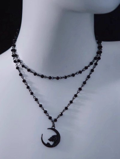 Black Crescent Moon Bead Chain Double Layered Necklace