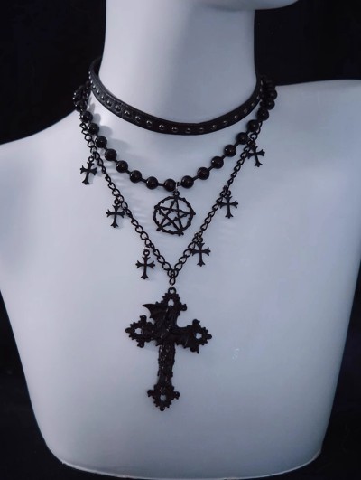 Black Gothic Cross Pentagram Triple Layered Necklace