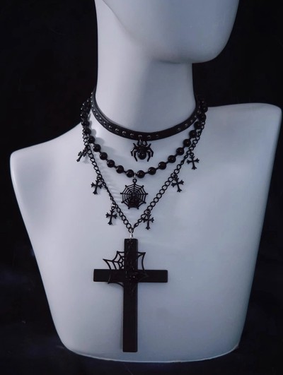 Black Gothic Cross Spider Web Pendant Layered Necklace