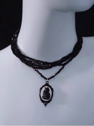Vintage Black Cat Pendant Multi-Layered Bead Necklace