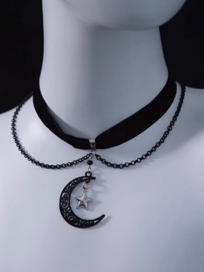 Black Gothic Crescent Moon Star Pendant Velvet Choker