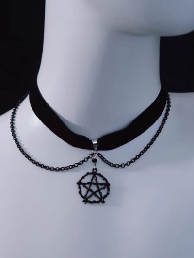 Black Gothic Pentagram Pendant Velvet Choker with Chains