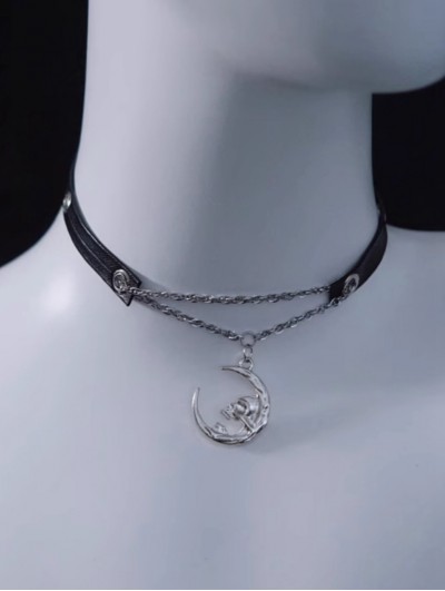 Black and Silver Moon Faux Leather Thin Choker