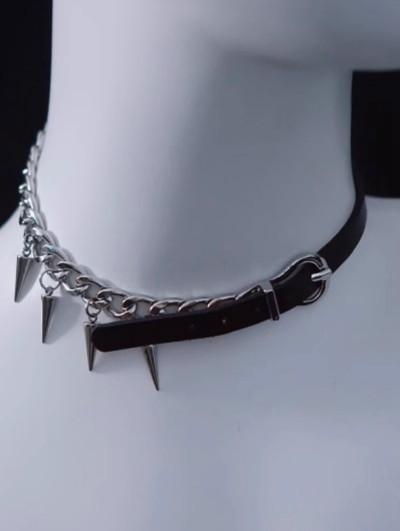Black and Silver Cone Buckled Faux Leather Choker