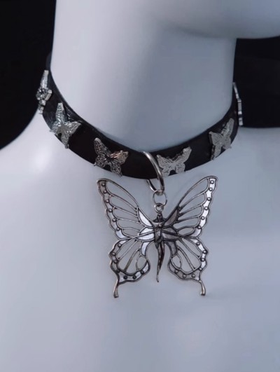 Black Faux Leather Silver Butterfly Pendant Choker