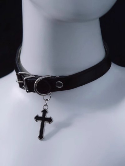 Black Gothic Faux Leather Choker with Cross Pendant