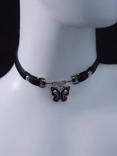 Black Skull Butterfly Faux Leather Buckled Choker