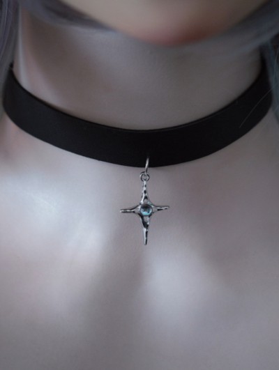 Black Gothic Silver Crystal Cross Pendant Choker