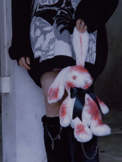 White Plush Bloody Gothic Bow Tie Bunny Doll